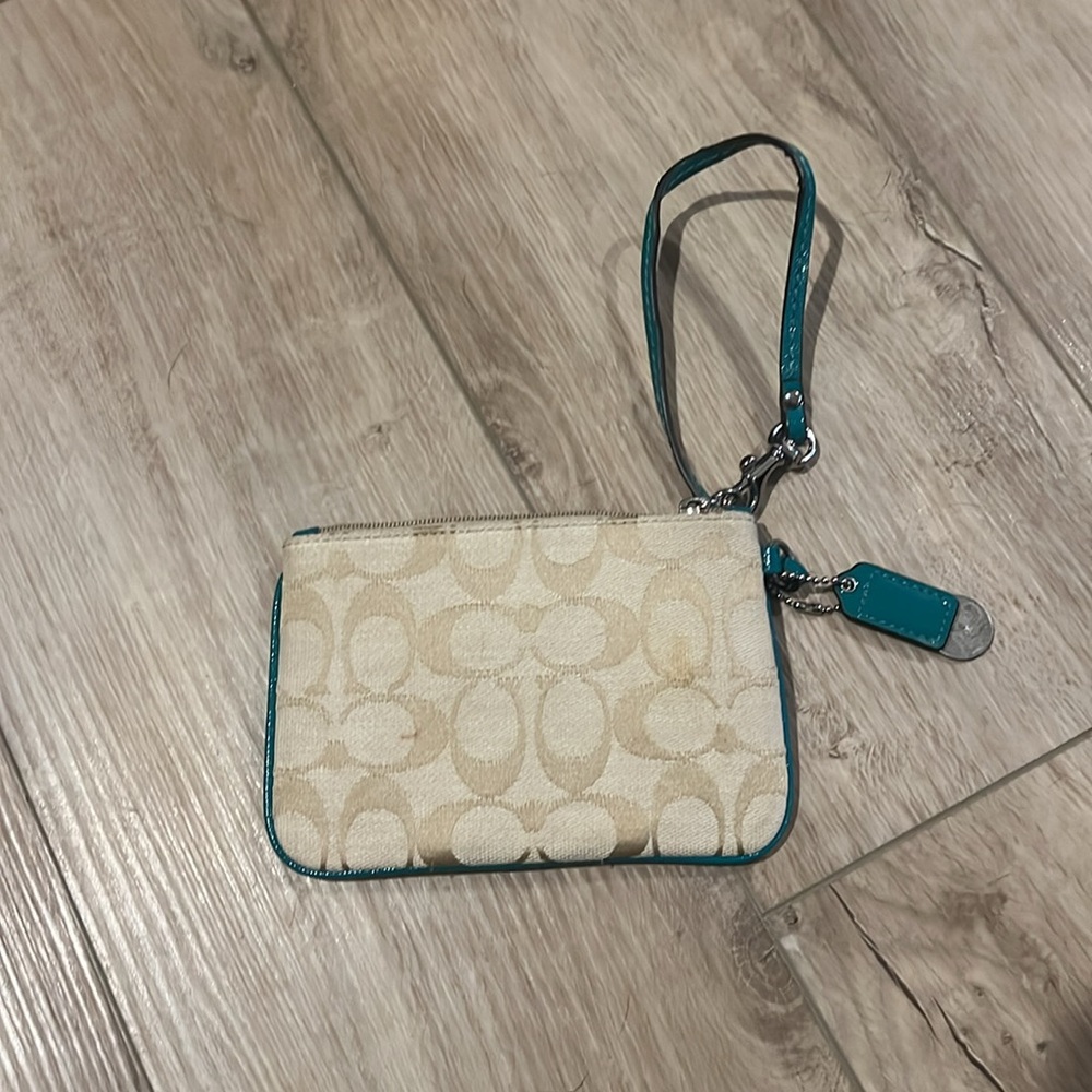 Coach Teal Green Turquoise Tan Wristlet - Picture 2 of 4